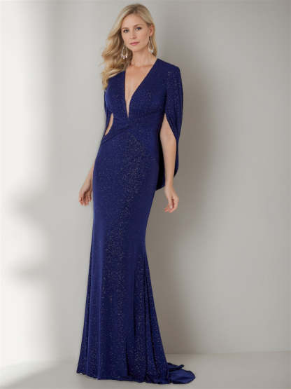 V-Neck Floor-Length Mother of the Bride Dress with Ruffles and Three-Quarter Sleeves