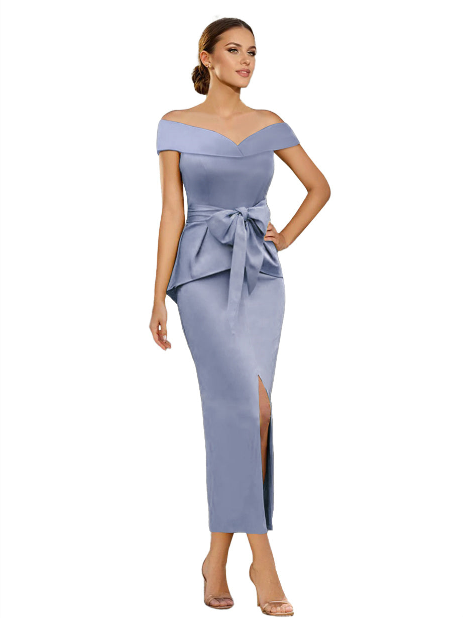 Pure Color Off-the-Shoulder Sleeveless Ankle-Length Sheath Mother of the Bride Dresses