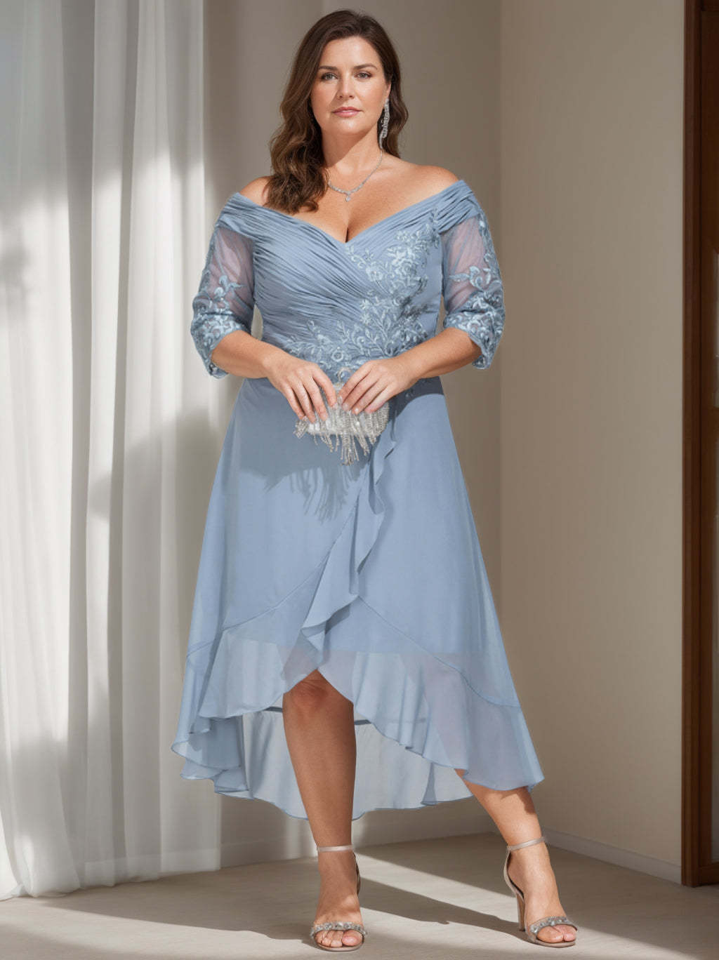 Princess A-Line Off-the-Shoulder Asymmetrical Plus Size Mother of the Bride Gown with 3/4 Sleeves and Sequins-BMbridal.UK