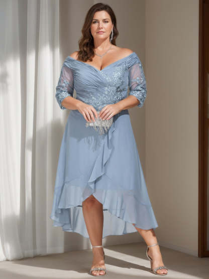 Princess A-Line Off-the-Shoulder Asymmetrical Plus Size Mother of the Bride Gown with 3/4 Sleeves and Sequins-BMbridal.UK