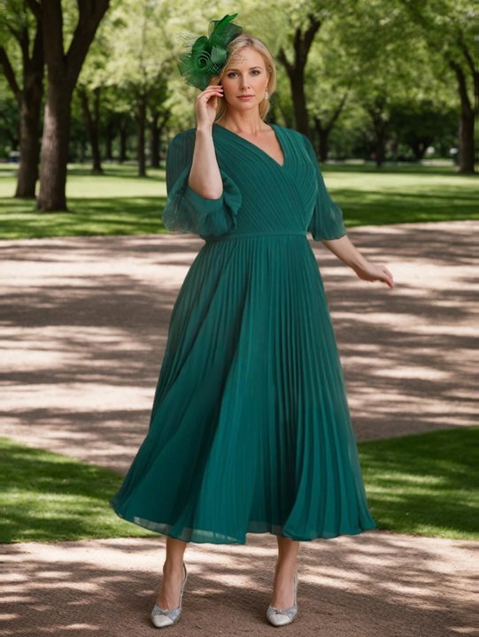 Plus Size Tea-Length Mother of the Bride Dress with Pleated A-Line/Princess V-Neck and 3/4 Sleeves