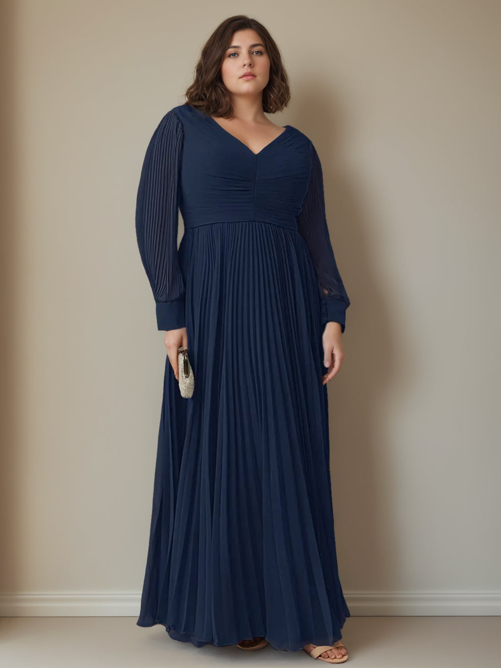 Plus Size Floor-Length A-Line Mother of the Bride Dress with V-Neck and Long Sleeves