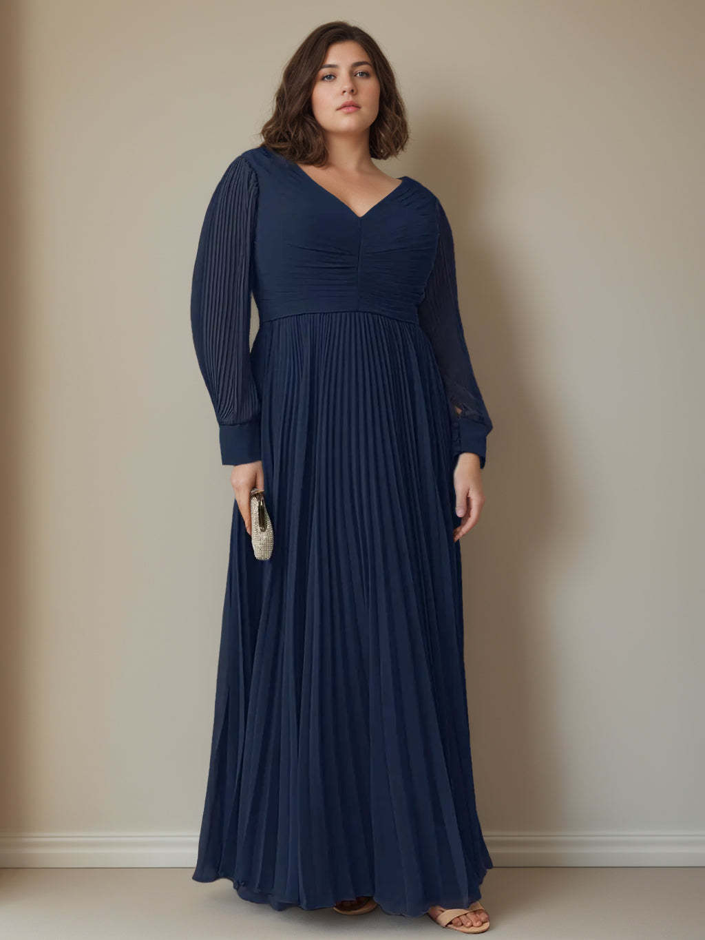 Plus Size Floor-Length A-Line Mother of the Bride Dress with V-Neck and Long Sleeves