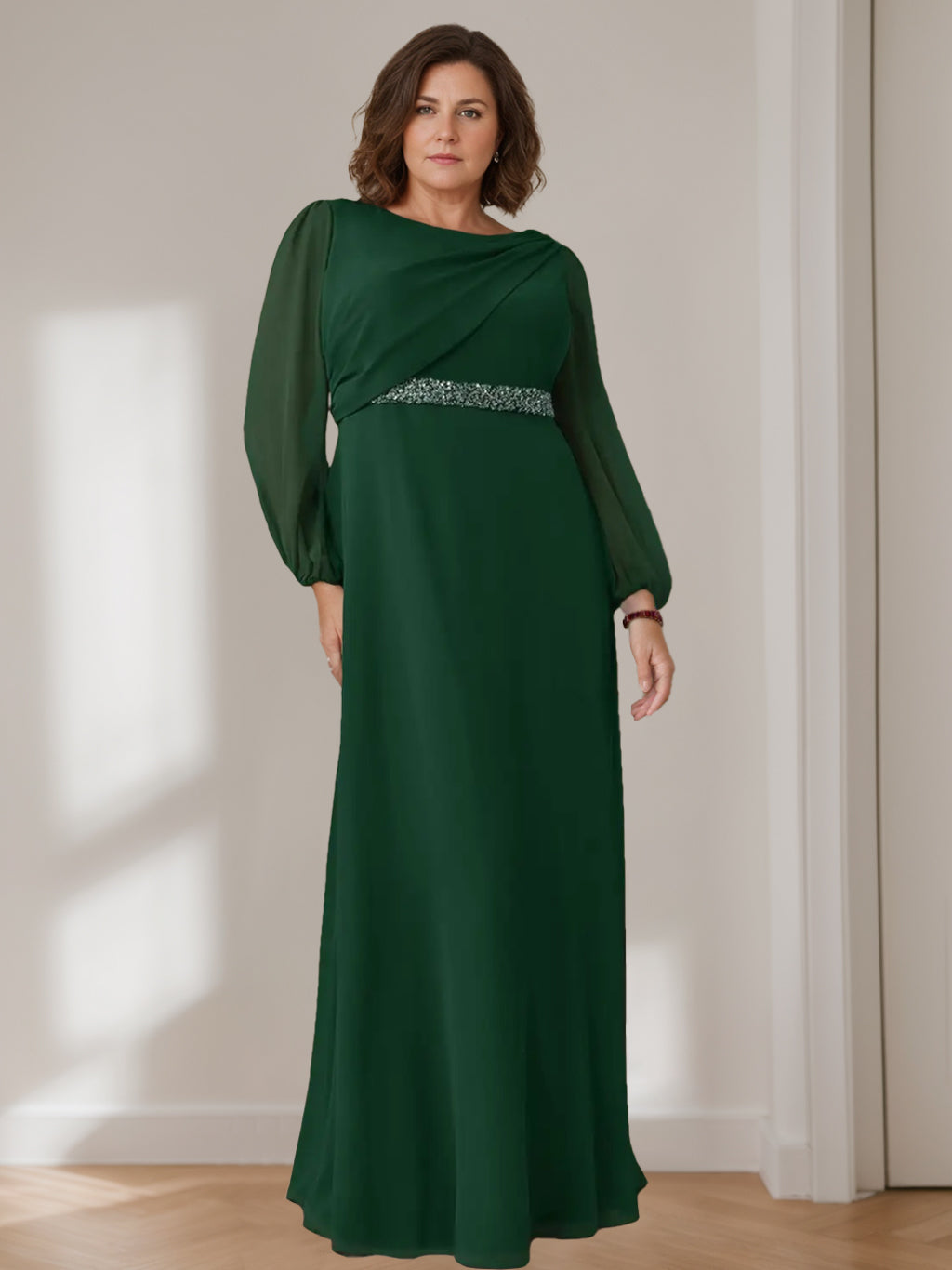 Plus Size Floor-Length Mother of the Bride A-Line Dress with Scoop Neck Long Sleeves Beaded Pleats and Cascading Ruffles-BMbridal.UK