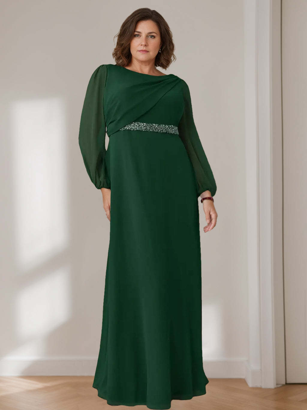 Plus Size Floor-Length Mother of the Bride A-Line Dress with Scoop Neck Long Sleeves Beaded Pleats and Cascading Ruffles-BMbridal.UK