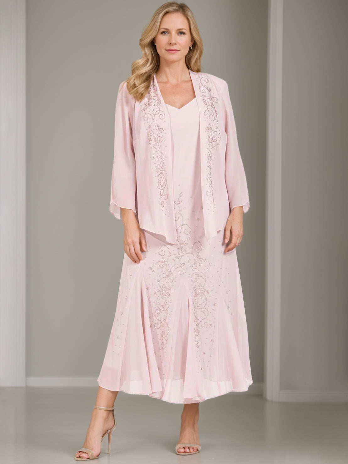 V-Neck A-Line Princess Two-Piece Plus Size Mother of the Bride Dress with Jacket and Sequins in Tea-Length-BMbridal.UK