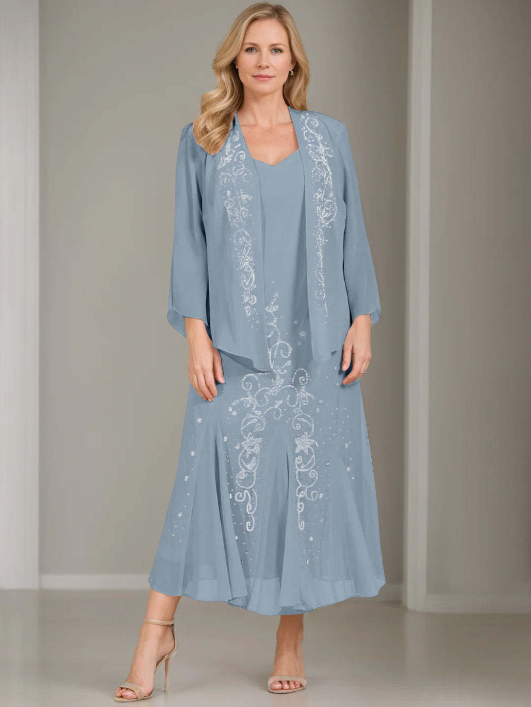 V-Neck A-Line Princess Two-Piece Plus Size Mother of the Bride Dress with Jacket and Sequins in Tea-Length-BMbridal.UK