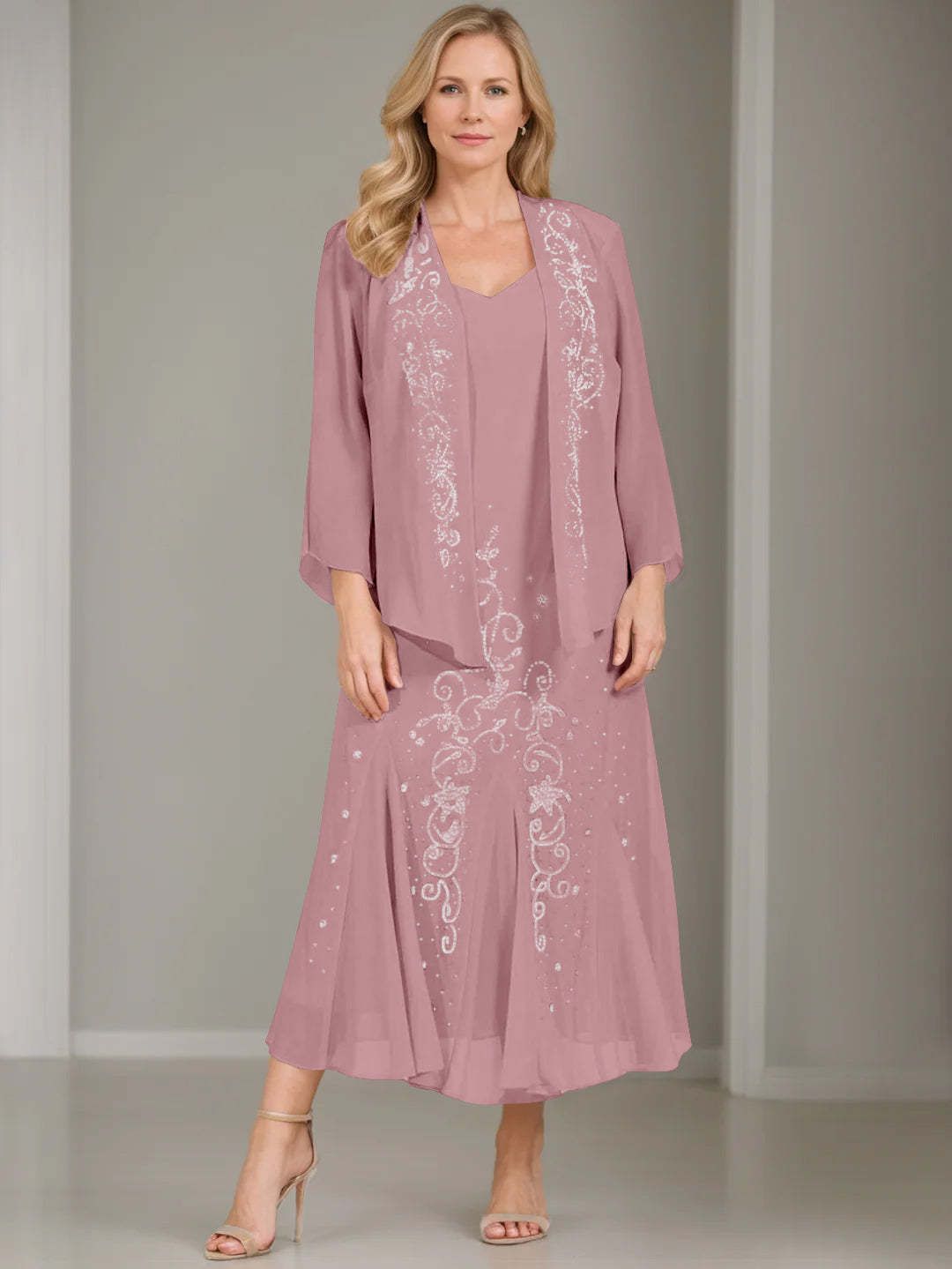 V-Neck A-Line Princess Two-Piece Plus Size Mother of the Bride Dress with Jacket and Sequins in Tea-Length-BMbridal.UK