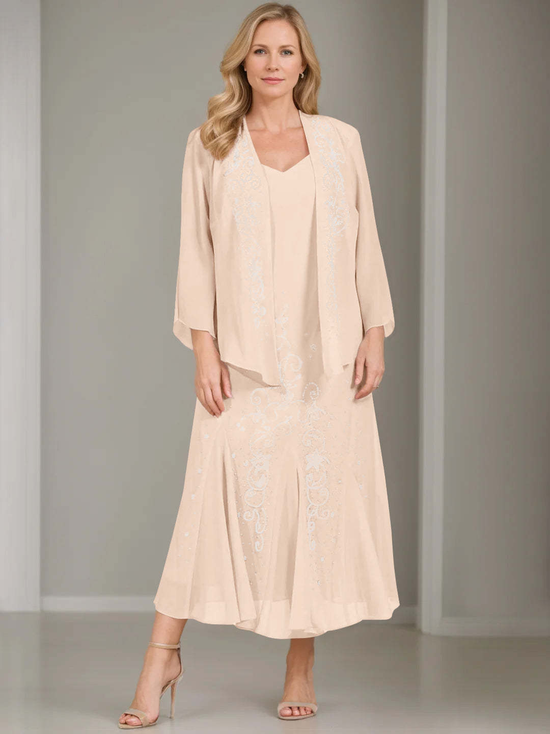 V-Neck A-Line Princess Two-Piece Plus Size Mother of the Bride Dress with Jacket and Sequins in Tea-Length-BMbridal.UK