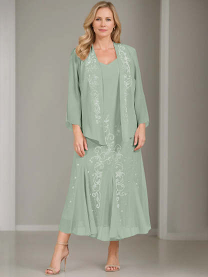 V-Neck A-Line Princess Two-Piece Plus Size Mother of the Bride Dress with Jacket and Sequins in Tea-Length-BMbridal.UK