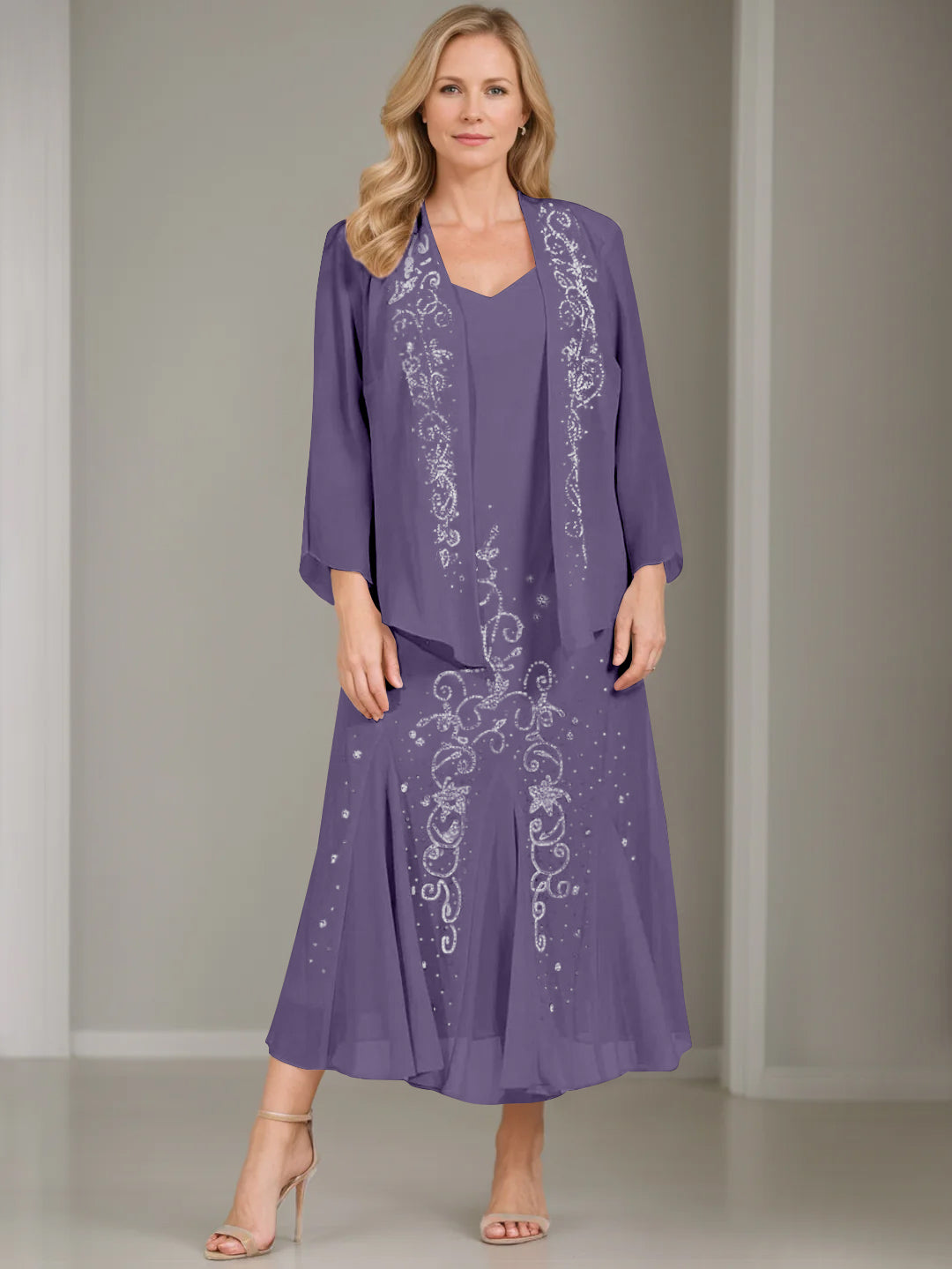 V-Neck A-Line Princess Two-Piece Plus Size Mother of the Bride Dress with Jacket and Sequins in Tea-Length-BMbridal.UK