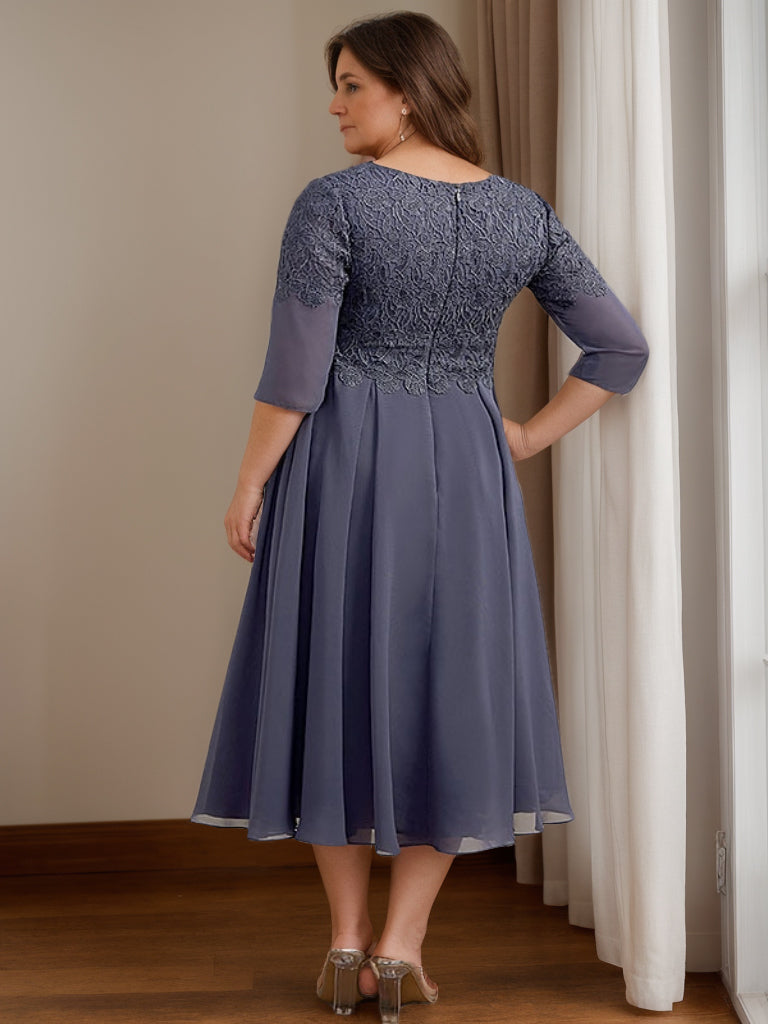 Plus Size Tea-Length Mother of the Bride Dress with V-Neck and 3/4 Princess Sleeves