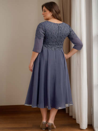 Plus Size Tea-Length Mother of the Bride Dress with V-Neck and 3/4 Princess Sleeves