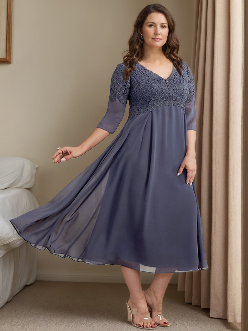 Plus Size Tea-Length Mother of the Bride Dress with V-Neck and 3/4 Princess Sleeves