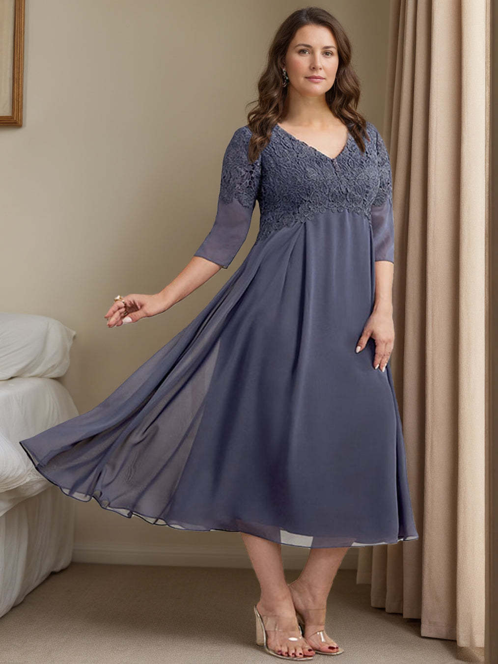 Plus Size Tea-Length Mother of the Bride Dress with V-Neck and 3/4 Princess Sleeves