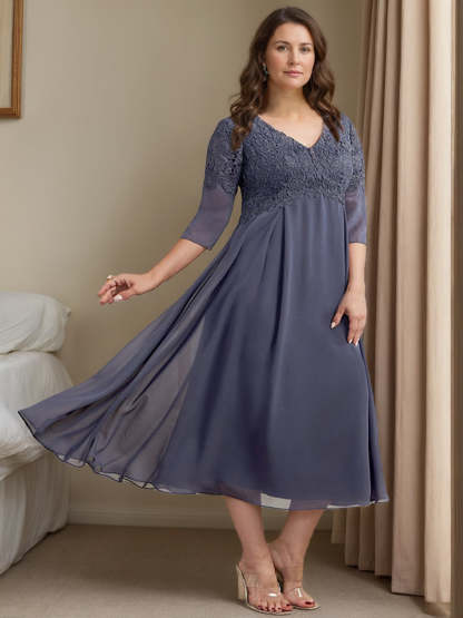 Plus Size Tea-Length Mother of the Bride Dress with V-Neck and 3/4 Princess Sleeves