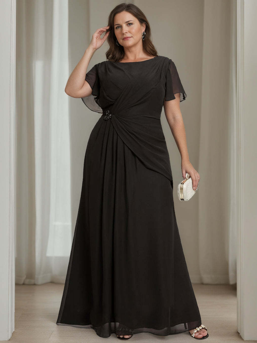 Plus Size Floor-Length A-Line Mother of the Bride Dress with Ruffles and Princess Round Neck
