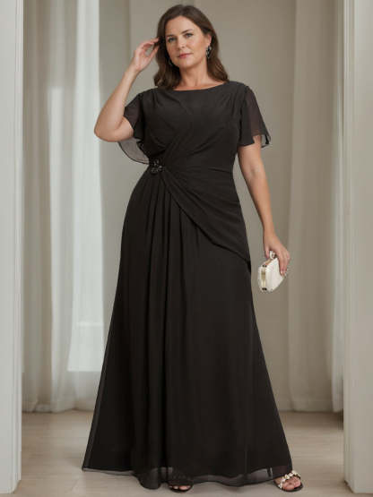 Plus Size Floor-Length A-Line Mother of the Bride Dress with Ruffles and Princess Round Neck