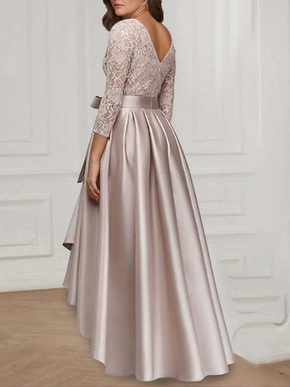 Asymmetrical Plus Size Mother of the Bride A-Line Dress with Jewel Neck and 3/4 Sleeves