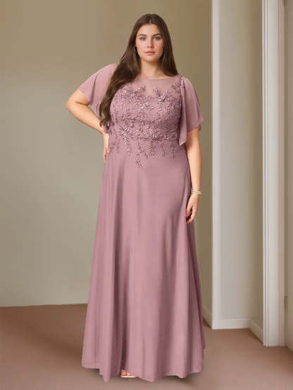 Plus Size Floor-Length Mother of the Bride A-Line Dress with Lace Round Neck and Short Sleeves