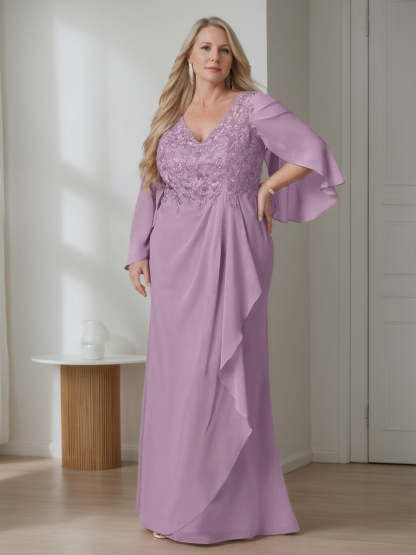Plus Size Mother of the Bride A-Line Princess Dress with V-Neck Long Sleeves and Ruffles in Floor-Length-BMbridal.UK