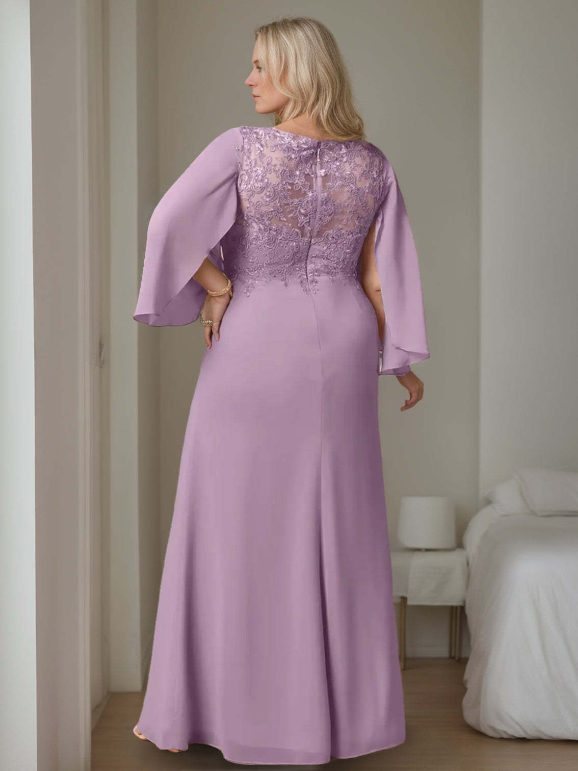 Plus Size Mother of the Bride A-Line Princess Dress with V-Neck Long Sleeves and Ruffles in Floor-Length-BMbridal.UK