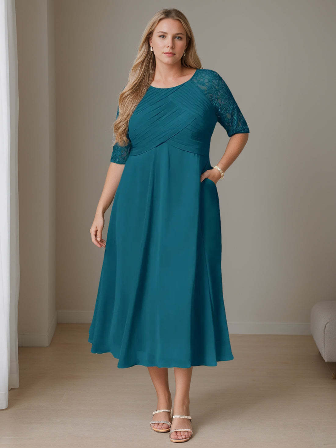 Plus Size Tea-Length Mother of the Bride A-Line Dress with Ruffles Round Neck and Half Sleeves