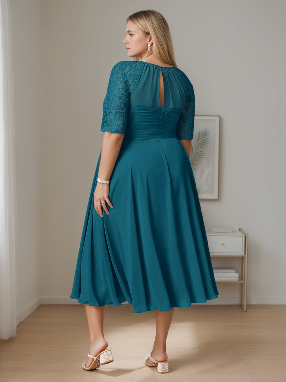 Plus Size Tea-Length Mother of the Bride A-Line Dress with Ruffles Round Neck and Half Sleeves