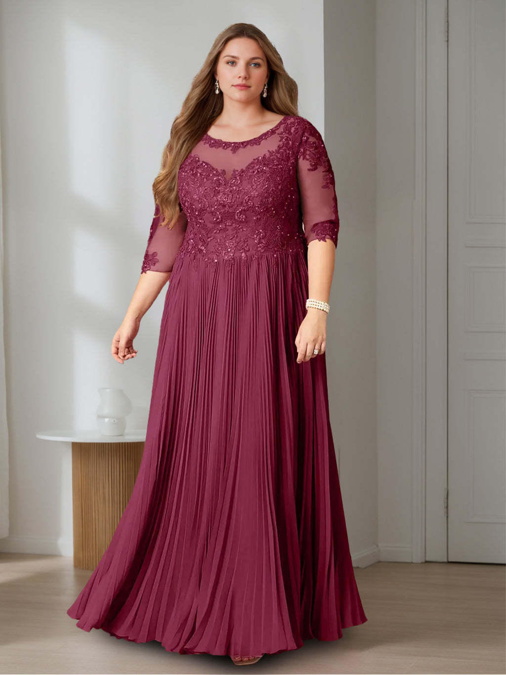 Plus Size Floor-Length A-Line Princess Scoop Neck Mother of the Bride Dress with Half Sleeves and Sequins-BMbridal.UK