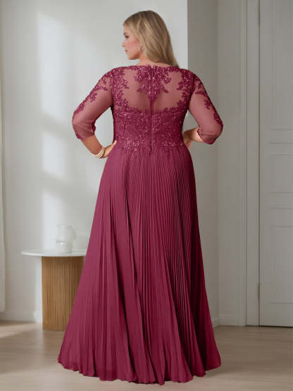 Plus Size Floor-Length A-Line Princess Scoop Neck Mother of the Bride Dress with Half Sleeves and Sequins-BMbridal.UK