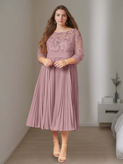 Plus Size Mother of the Bride A-Line Dress with Scoop Neck 3/4 Sleeves and Ruffles
