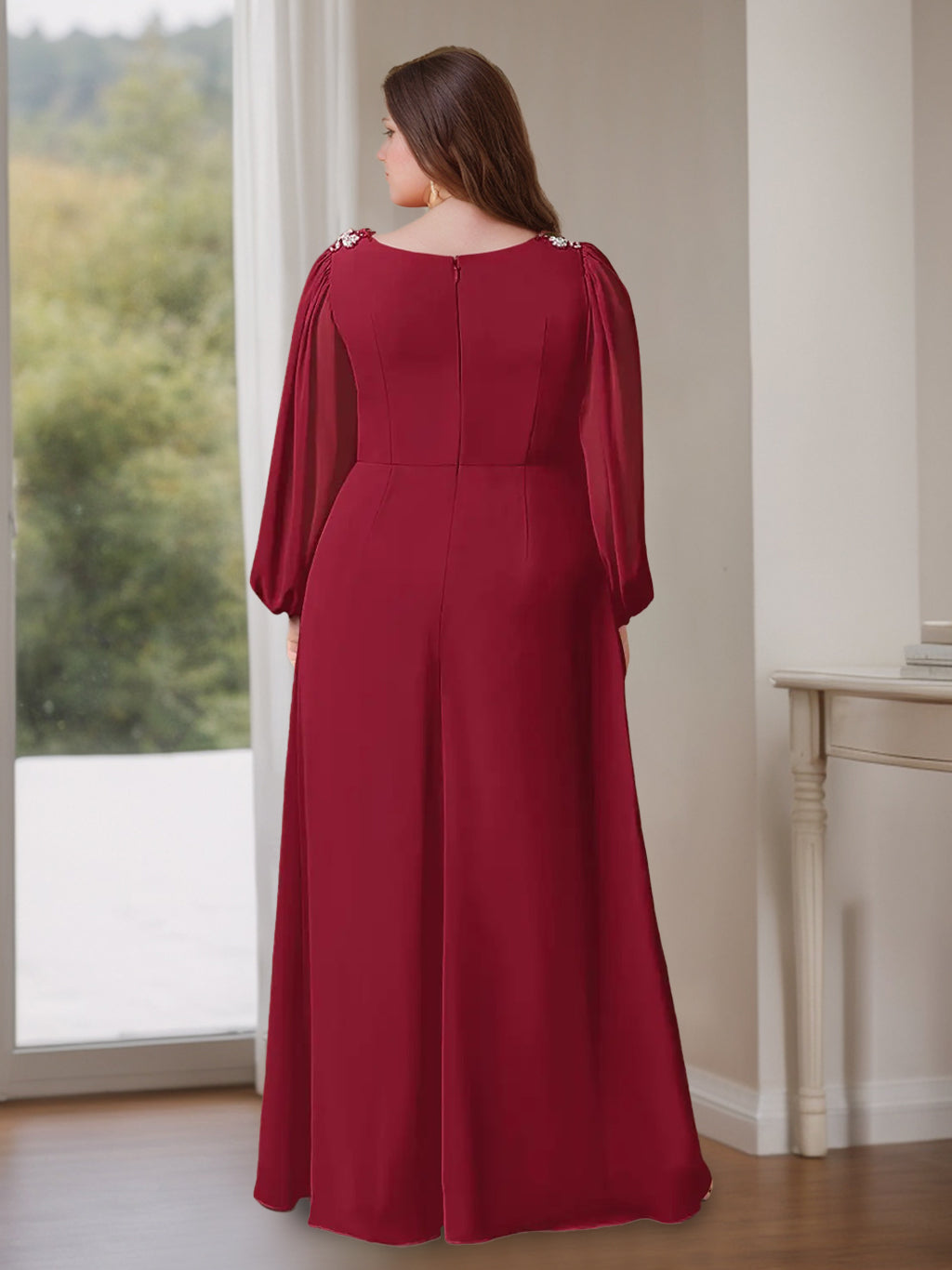 Plus Size Floor-Length A-Line Mother of the Bride Dress with V-Neck and Long Ruffled Sleeves