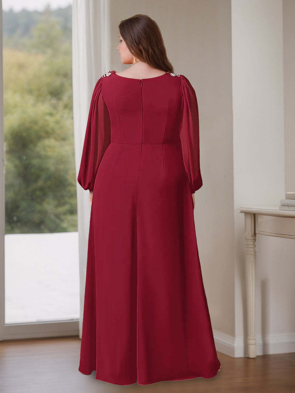Plus Size Floor-Length A-Line Mother of the Bride Dress with V-Neck and Long Ruffled Sleeves