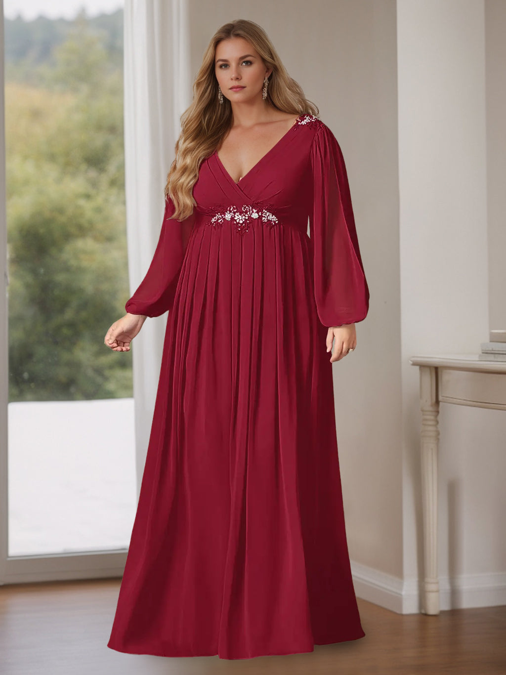 Plus Size Floor-Length A-Line Mother of the Bride Dress with V-Neck and Long Ruffled Sleeves