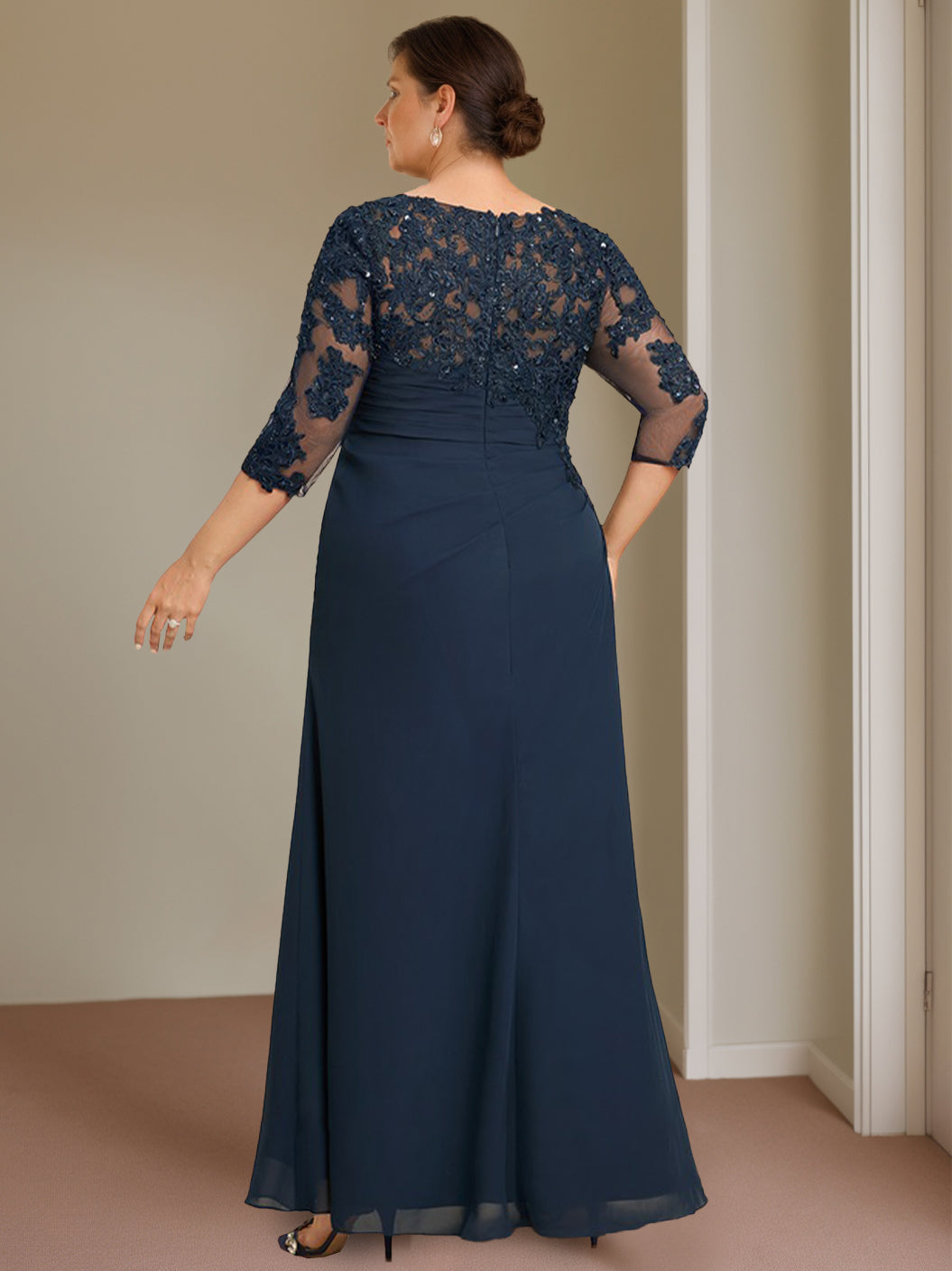 Plus Size Floor-Length Scoop Neck Sheath Dress with Ruffles for the Mother of the Bride