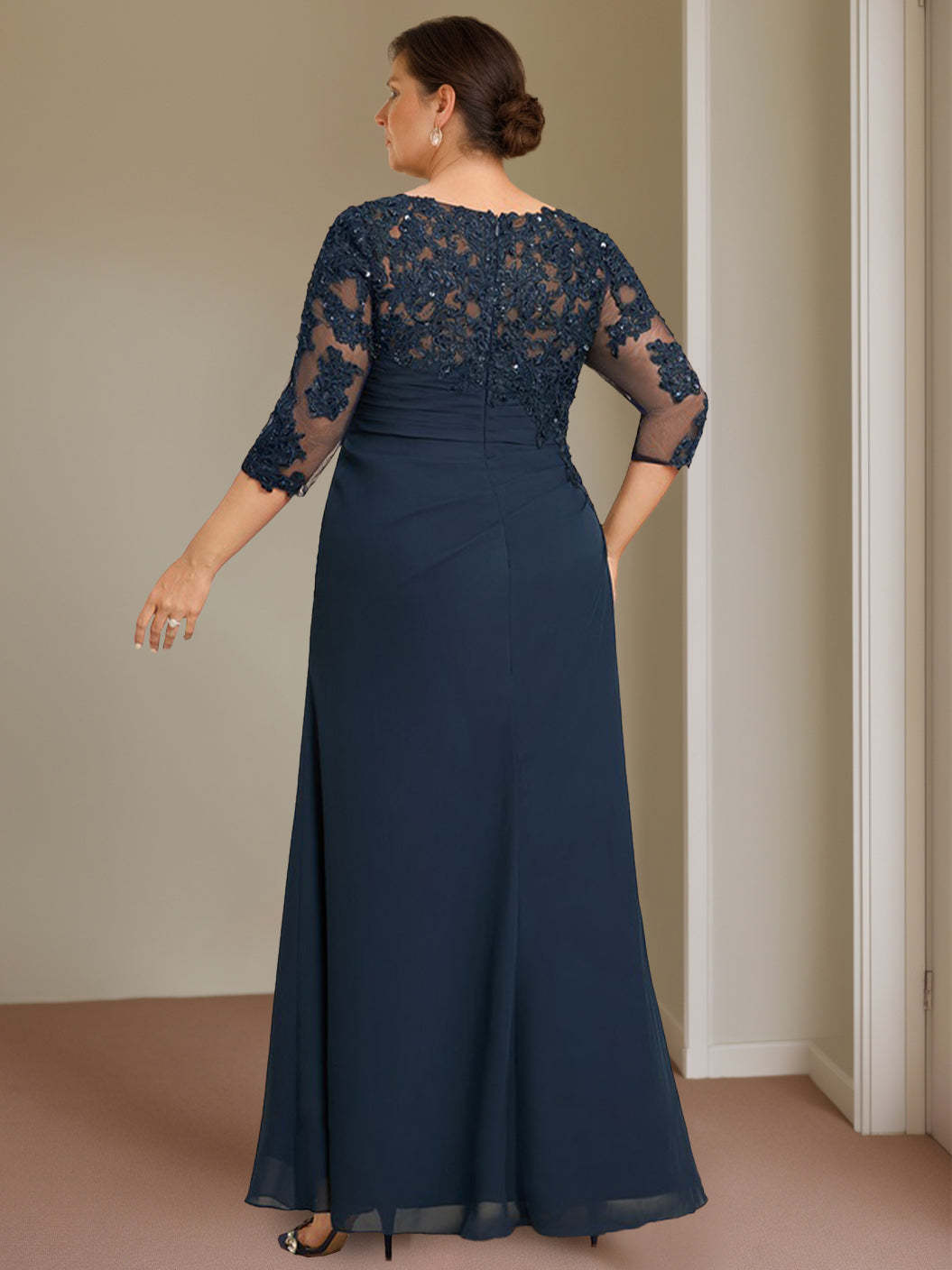 Plus Size Floor-Length Scoop Neck Sheath Dress with Ruffles for the Mother of the Bride
