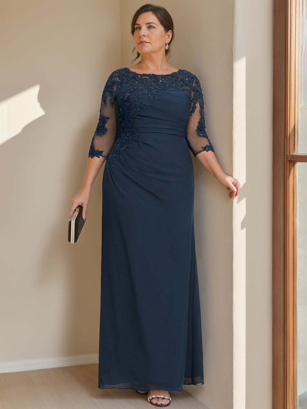 Plus Size Floor-Length Scoop Neck Sheath Dress with Ruffles for the Mother of the Bride