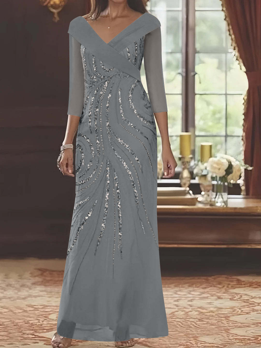 V-Neck 3/4 Sleeve Floor-Length Sequined Mother of the Bride Sheath Dress