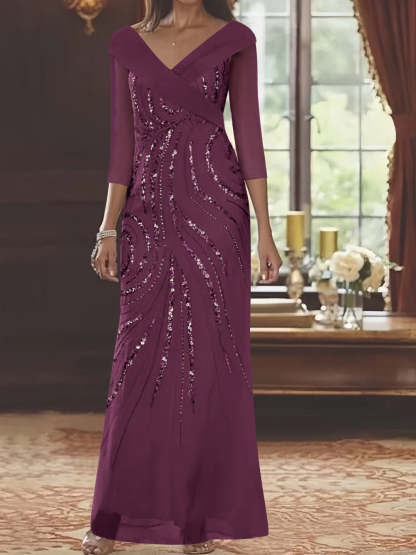 V-Neck 3/4 Sleeve Floor-Length Sequined Mother of the Bride Sheath Dress