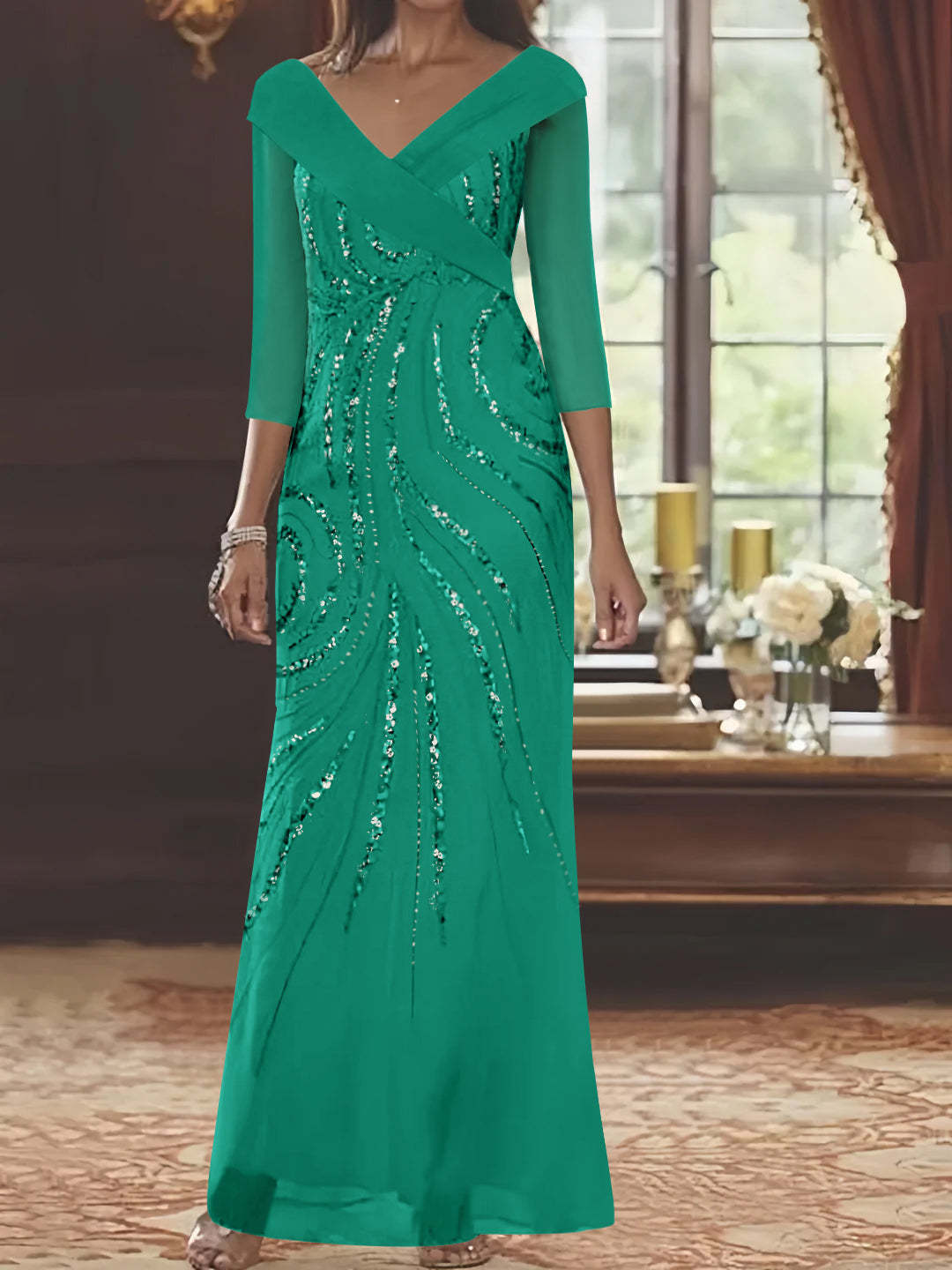 V-Neck 3/4 Sleeve Floor-Length Sequined Mother of the Bride Sheath Dress