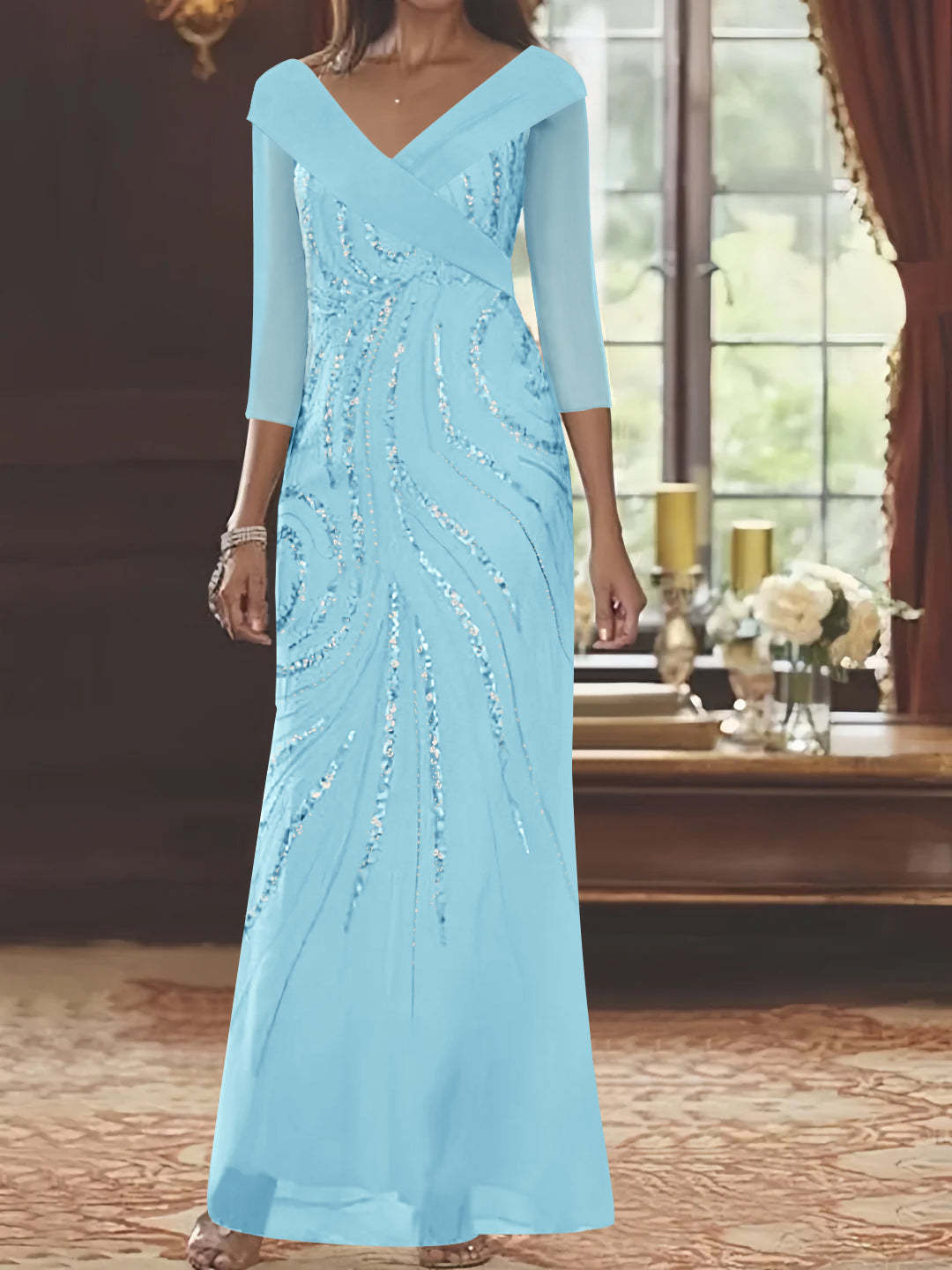 V-Neck 3/4 Sleeve Floor-Length Sequined Mother of the Bride Sheath Dress