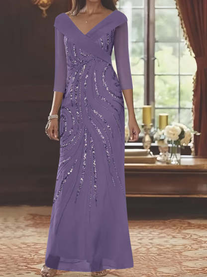 V-Neck 3/4 Sleeve Floor-Length Sequined Mother of the Bride Sheath Dress