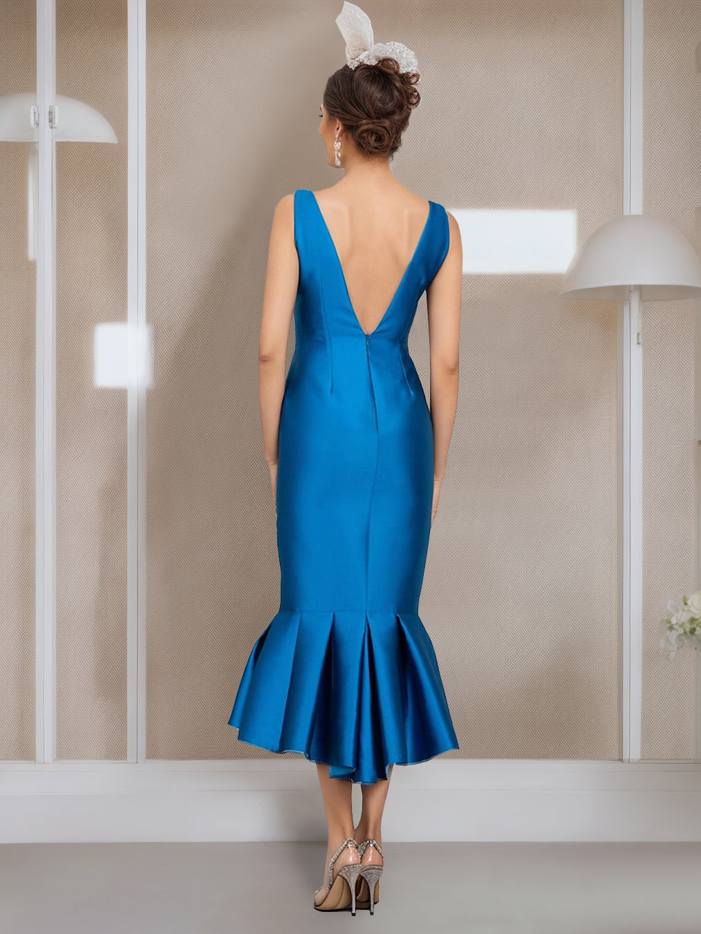 Tea-Length Mother of the Bride Dresses with Buttons Jewel Neck and Half Sleeves in Mermaid/Trumpet Style-BMbridal.UK