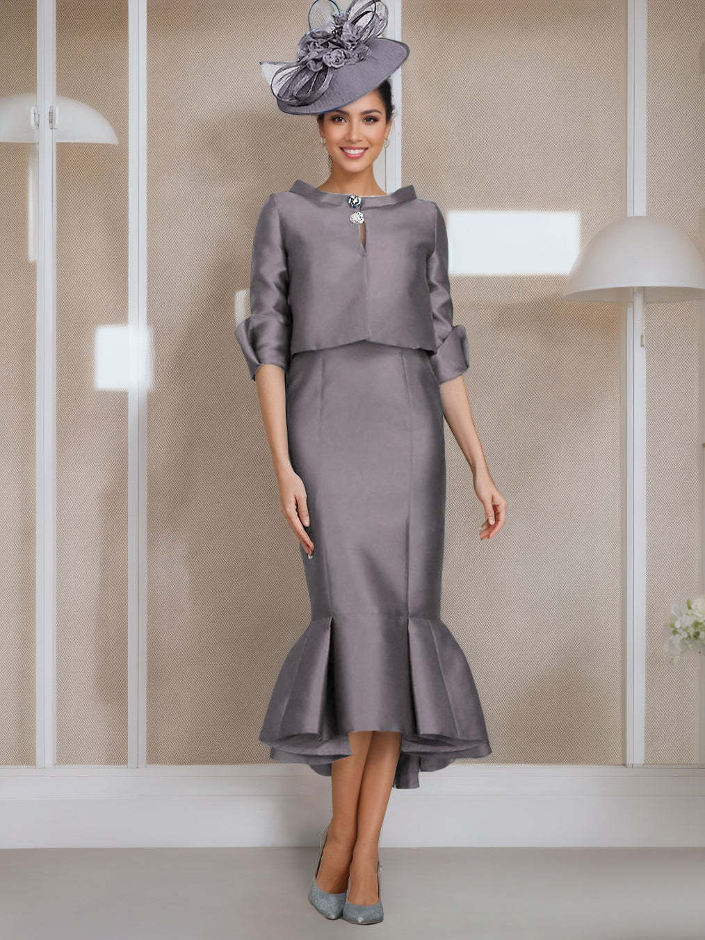 Tea-Length Mother of the Bride Dresses with Buttons Jewel Neck and Half Sleeves in Mermaid/Trumpet Style-BMbridal.UK