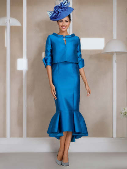 Tea-Length Mother of the Bride Dresses with Buttons Jewel Neck and Half Sleeves in Mermaid/Trumpet Style-BMbridal.UK