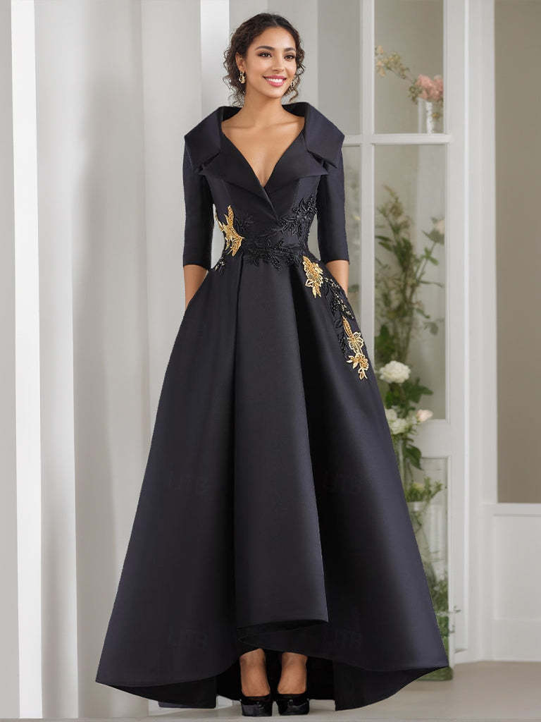 V-Neck A-Line Princess Floor-Length Mother of the Bride Dress with 3/4 Sleeves Appliques and Beading
