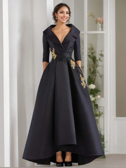 V-Neck A-Line Princess Floor-Length Mother of the Bride Dress with 3/4 Sleeves Appliques and Beading