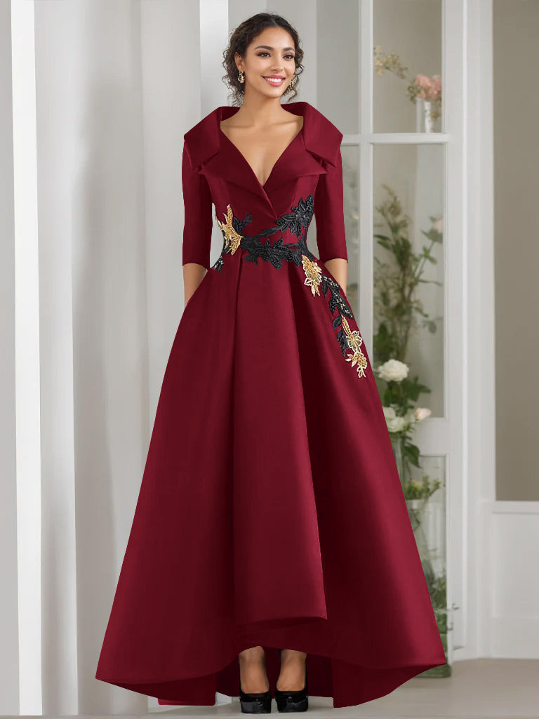 V-Neck A-Line Princess Floor-Length Mother of the Bride Dress with 3/4 Sleeves Appliques and Beading