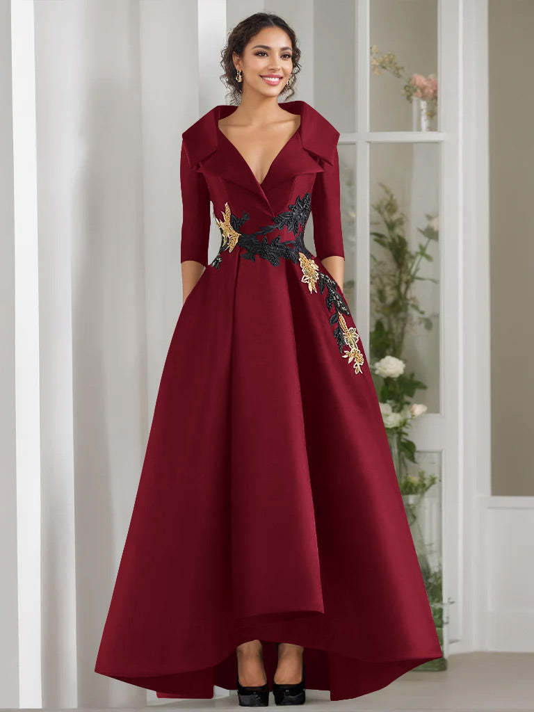 V-Neck A-Line Princess Floor-Length Mother of the Bride Dress with 3/4 Sleeves Appliques and Beading