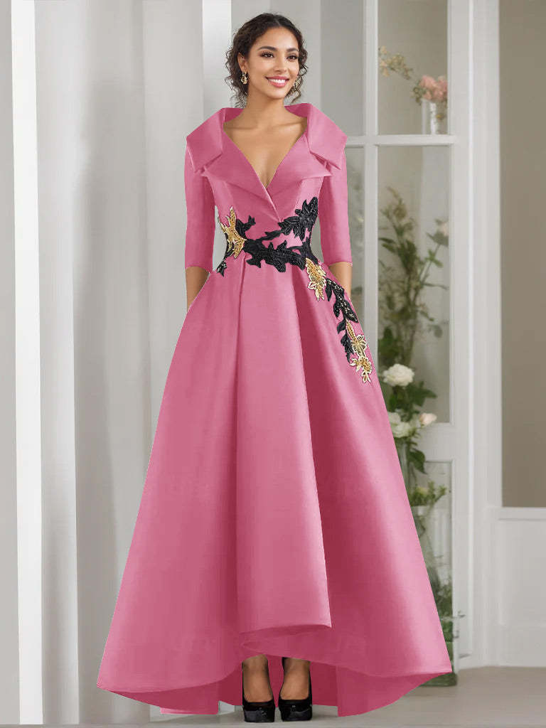 V-Neck A-Line Princess Floor-Length Mother of the Bride Dress with 3/4 Sleeves Appliques and Beading